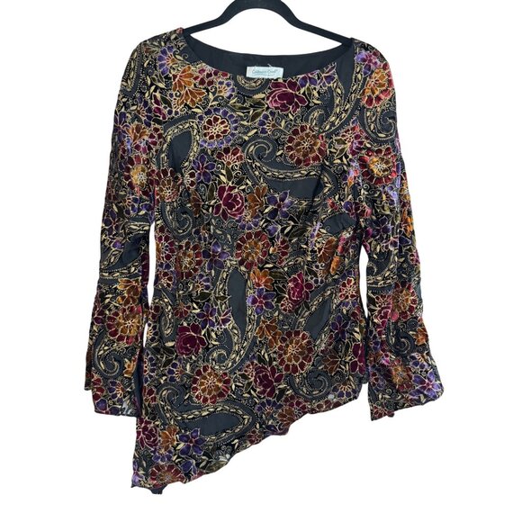 Coldwater Creek Tops - Coldwater Creek Velvet Floral Paisley Asymmetric Hem Blouse S Black Gold Purple